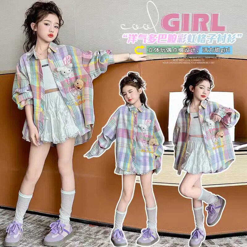 法国Uamtor女童洋派多巴胺格子衬衫春秋季中大童休闲衬衣薄款外套