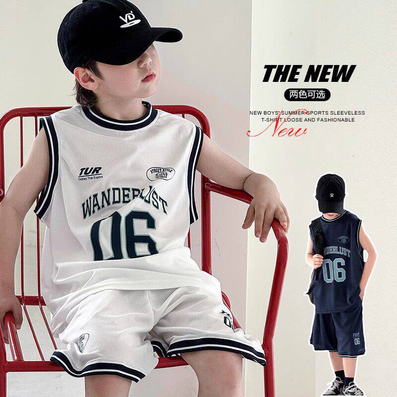 法国男童夏装套装2026新款背心运动球衣中大童夏季速干篮球服潮
