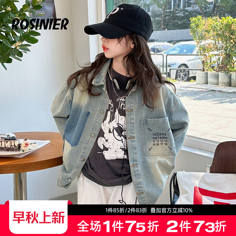 韩国ROSINIER女童外套2025新款秋季中大童牛仔翻领衬衫外穿上衣