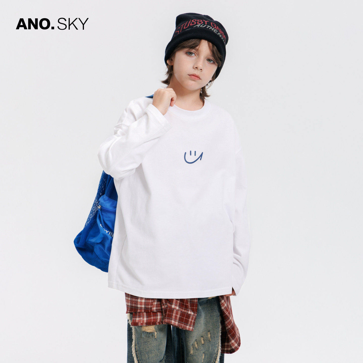 anothersky 儿童春秋装白色打底衫纯棉T恤2026新款男大童长袖上衣