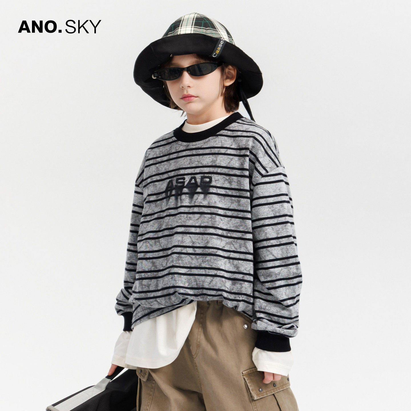 anothersky 男童卫衣春季痞帅条纹长袖t恤2026新款儿童青少年上衣