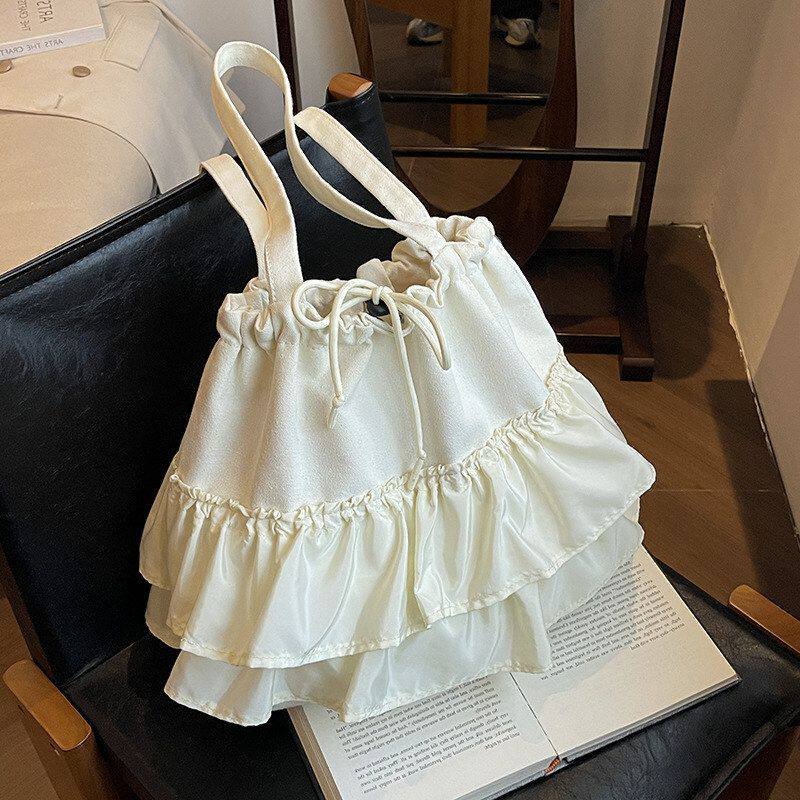 夏季2026托特单肩包百搭女式包包大容量新款帆布包包百褶轻便休闲