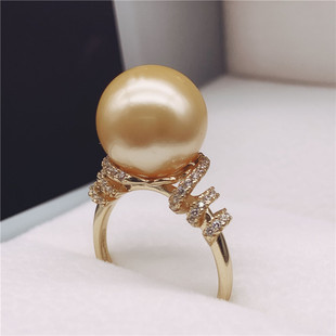 天然南洋金珍珠粉海水珍珠戒指925纯银镶钻珍珠戒指正圆开口指环