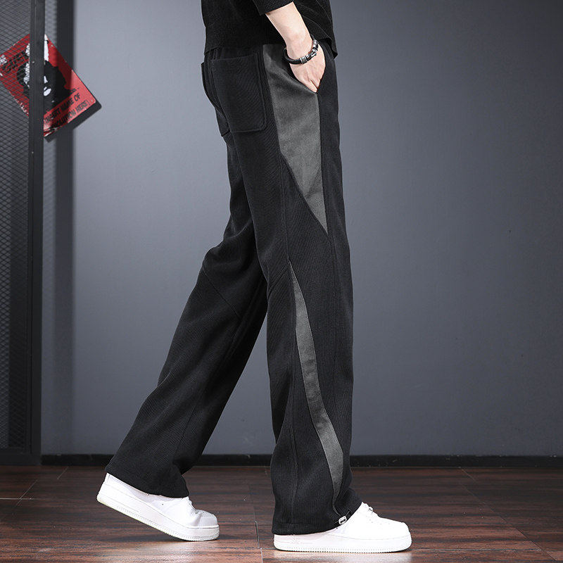 拼接设计感休闲裤男秋冬款宽松直筒长裤高端灯芯绒加绒运动卫裤潮
