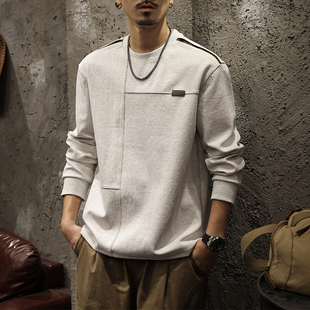 美式高端潮牌秋冬新款卫衣男圆领拼接加绒加厚打底衫正肩长袖T恤