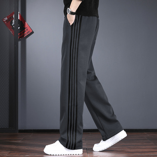 条纹拼接休闲裤男秋冬季宽松直筒阔腿卫裤潮牌设计感加绒加厚男裤