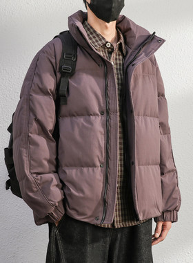 高充90白鸭绒蓬松感紫色羽绒服男士短款冬季保暖加绒立领外套男装