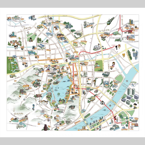 杭州旅游地图卡通西湖Q版电子版设计素材文件