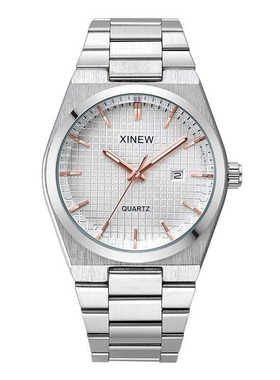 XINEW品牌3633手表男款外贸新款时尚简约指针式日历石英表银色