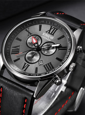 XINEW品牌男士手表初中高中学生日历石英表ins时尚皮革表带腕表男