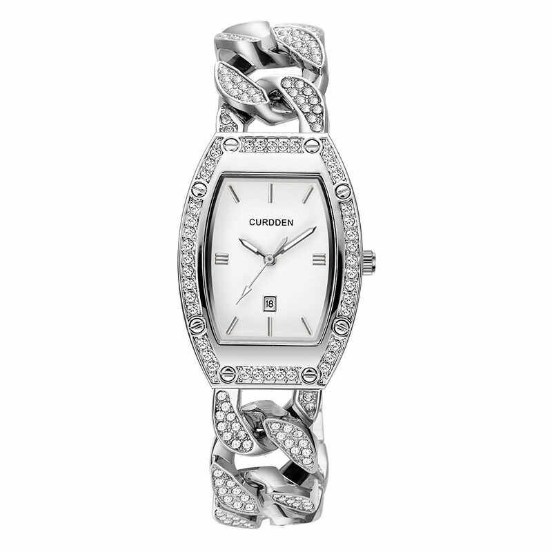 2024新款女士百搭新款手表中学生满天星水钻古巴链日历酒桶型腕表