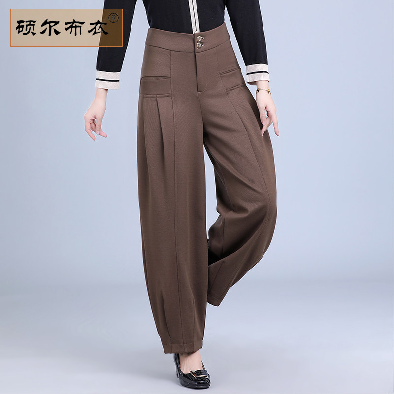 春季高腰休闲裤女灯笼裤宽松阔腿妈妈花苞裤大码显瘦哈伦垂感长裤