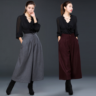 高腰大码 秋冬新款 宽松大脚甩裤 保暖冬季 复古羊毛呢八分裤 靴裤 裙