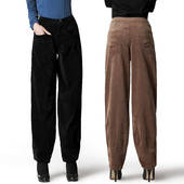 压褶阔腿萝卜裤 春秋新款 大码 宽松条绒裤 高腰灯芯绒女裤 妈妈灯笼裤