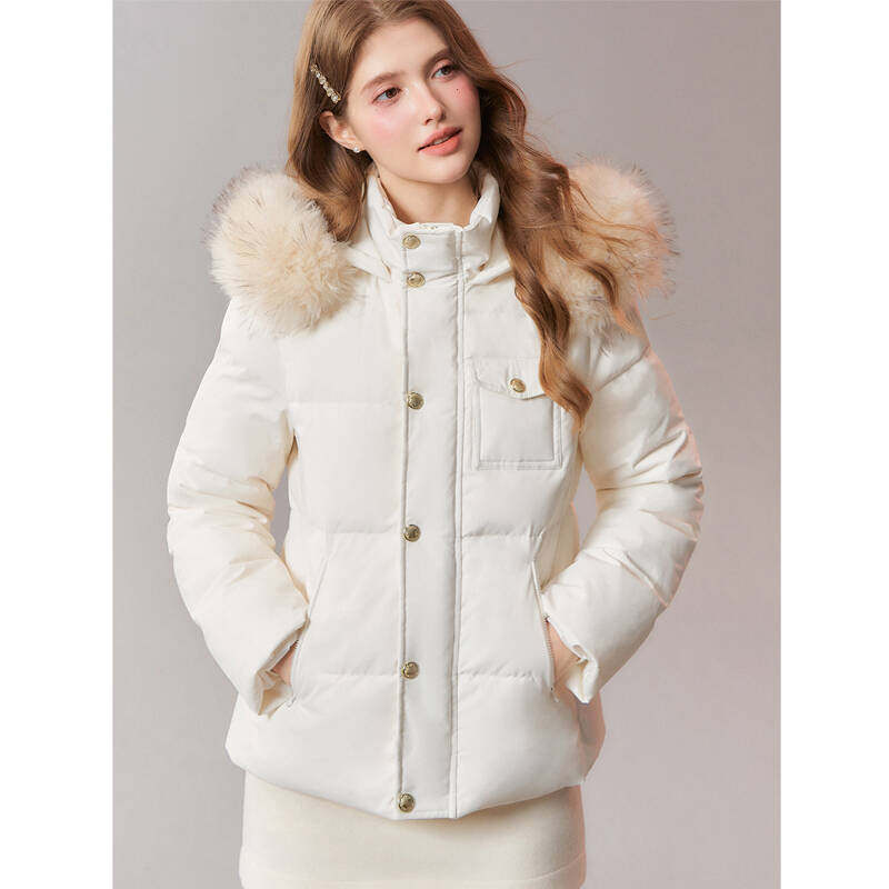 羽绒服90白鸭绒收腰款显瘦加厚保暖防寒可拆卸毛领白色连帽羽绒服