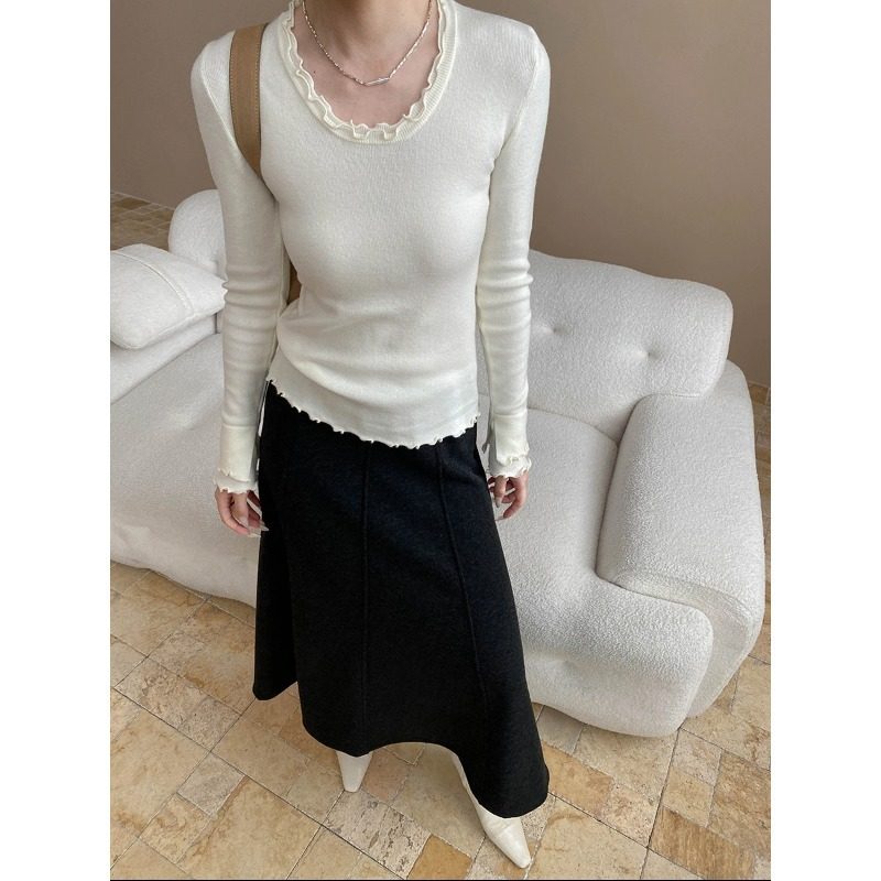 温柔风法式设计感木耳卷边修身显瘦打底针织打底衫修身百搭时尚,女装/女士精品,毛针织衫,淘宝优惠券,粉丝福利购,淘宝优惠卷