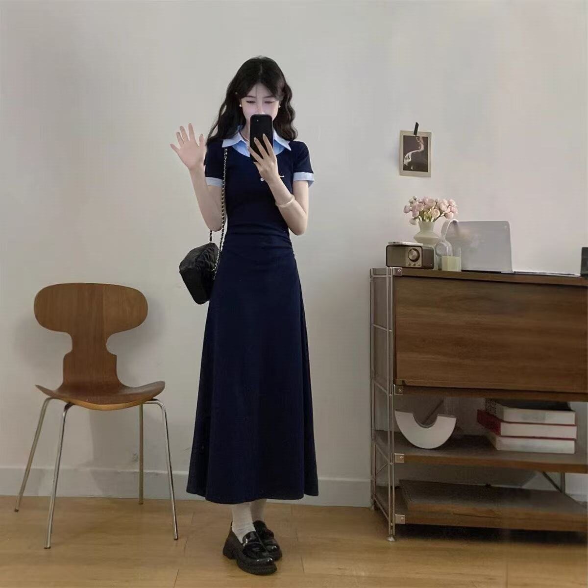 夏季韩系撞色翻领收腰显瘦连衣裙