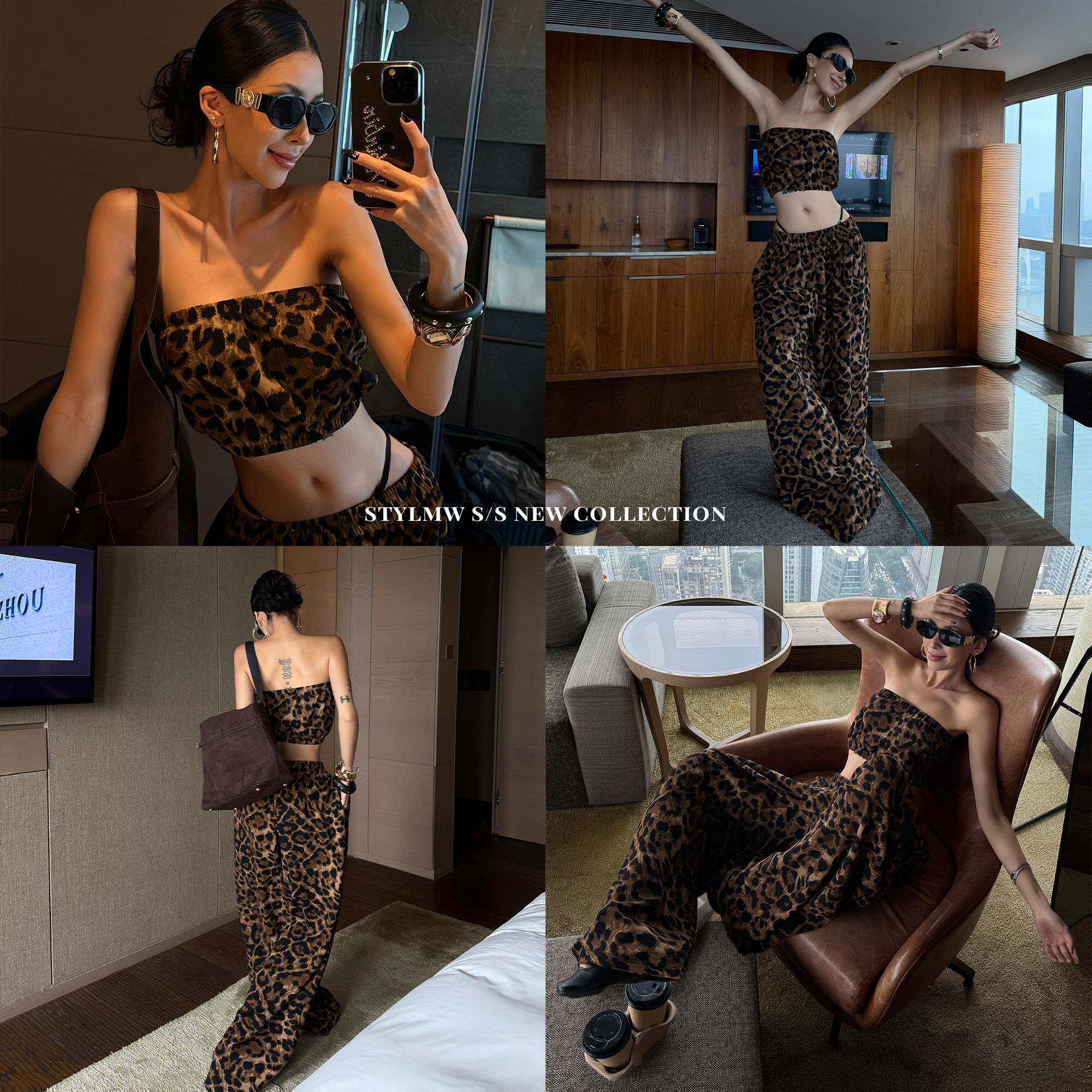 STYLMW璟子 豹纹辣妹抹胸阔腿裤套装女新款设计感独特小众两件套