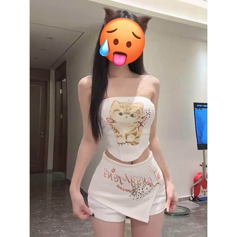 早秋纯欲甜辣妹猫咪印花修身显瘦抹胸搭配拼接不对称裤裙两件套女