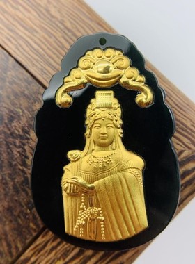 【48小时发货】爆款福星海上女神妈祖吊坠平安金镶玉和田墨玉镶金