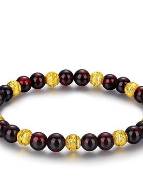 纯天然酒红色石榴石手链女越南沙金转运珠刻花金珠水晶手串不褪色