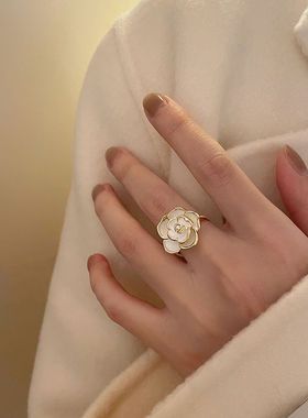 S925纯银法式山茶花戒指复古温柔气质食指戒设计小众可调节关节戒