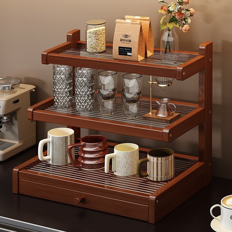杯架水杯收纳置物架带抽桌面吧台收纳架楠竹马克咖啡杯多层展示架