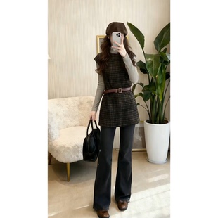parkyeon春秋轻奢格纹连衣裙叠穿内搭半高领上衣高腰牛仔裤套装