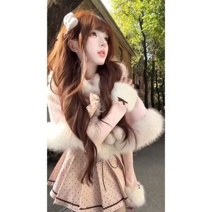 【波点软糖】冬日甜美少女穿搭粉系波点百褶连衣裙+斗篷+内搭套装