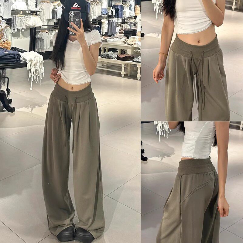 军绿色低腰运动裤女秋2025新款小个子宽松慵懒直筒休闲美式阔腿裤