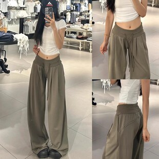 阔腿裤 小个子宽松慵懒直筒休闲美式 女秋2025新款 军绿色低腰运动裤