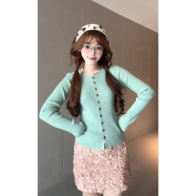 parkyeon春秋款小香风绿色长袖针织开衫上衣百搭粉色半身裙套装