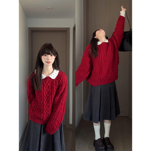 parkyeon温柔风红色麻花针织衫叠穿娃娃领上衣百褶半身裙套装