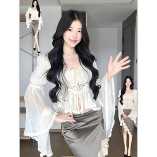 韩系纯欲风蕾丝拼接喇叭袖雪纺衫女高腰开叉半身裙套装