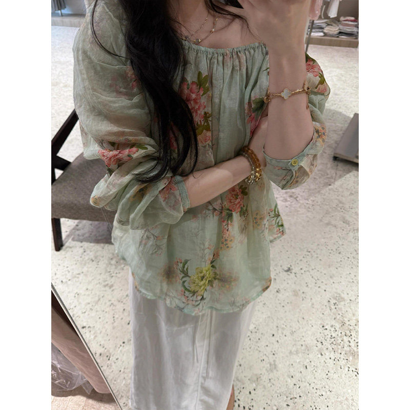 parkyeon设计感一字肩碎花衬衫上衣女夏季新款白色半身裙两件套图片