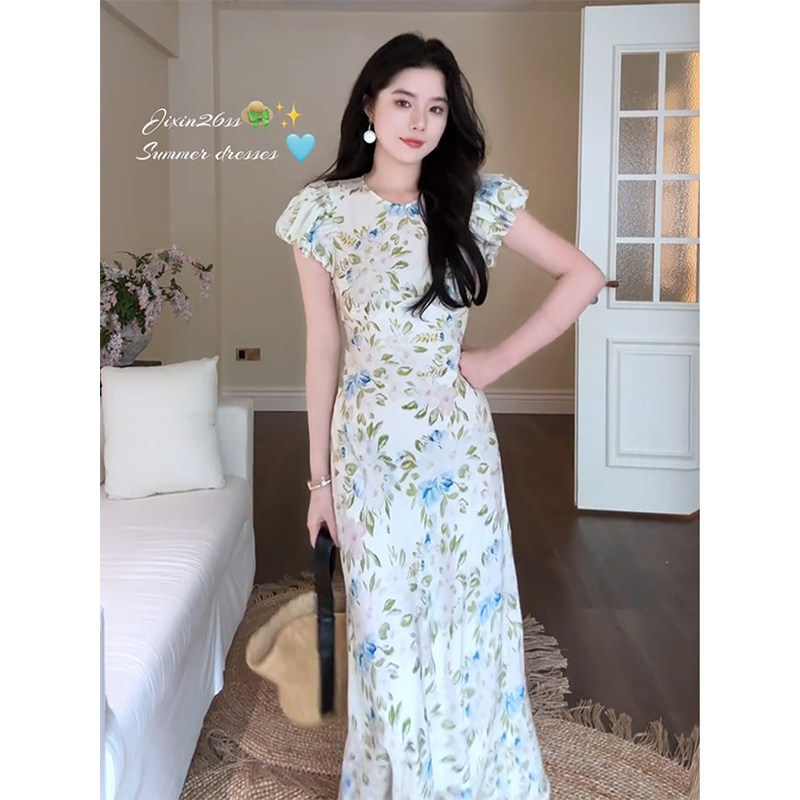 parkyeon法式轻奢风方领碎花收腰连衣裙女减龄风修身洋气长裙图片