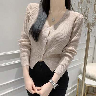 黑色薄款针织衫女V领开衫