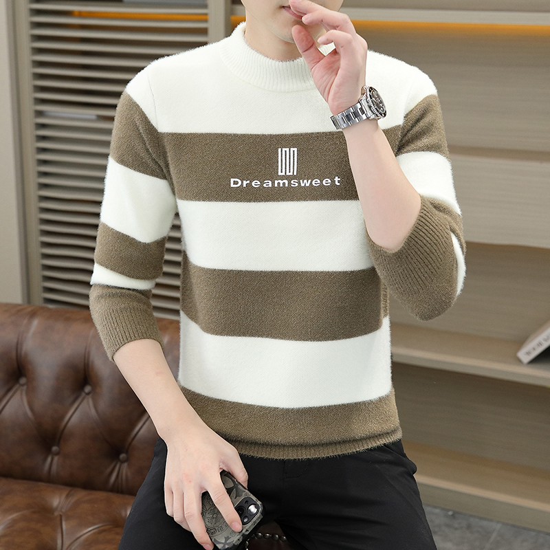 毛衣外套男秋冬季男士黄金貂中领毛衣韩版青年加厚修身套头针织衫