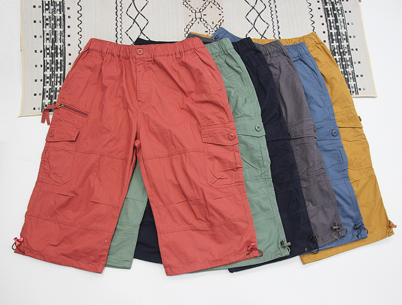 外贸夏季男士工装马裤纯棉水洗多口袋户外纯色休闲宽松短裤七分裤