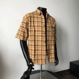 美式复古日系黄格子衬衫男款短袖休闲衬衣夏季多巴胺黄色格纹外套