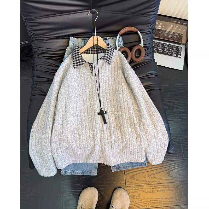 浅灰色假两件针织卫衣男款冬季加绒翻领衫上衣美式衬衫领外套图案