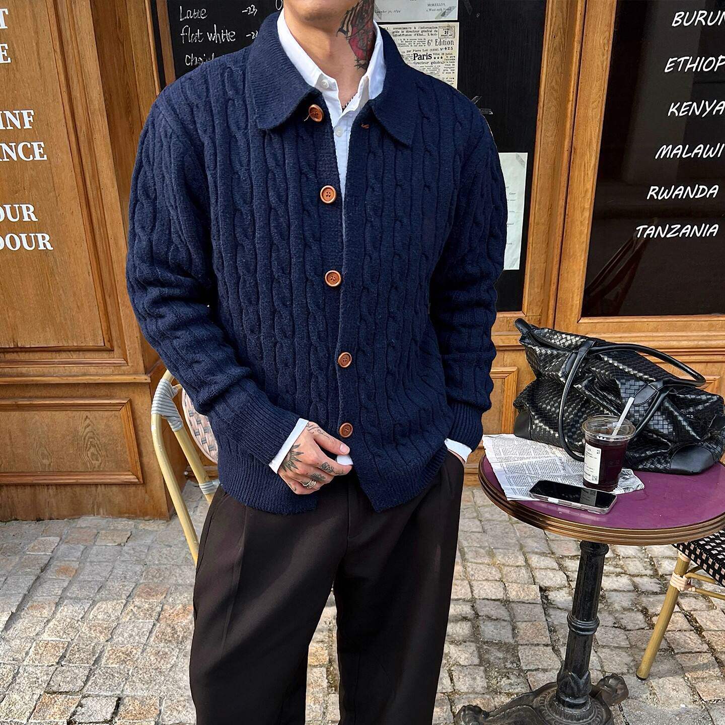 工厂「编织麻花纹理」老钱风藏青色开衫毛衣男秋冬保暖针织衫潮