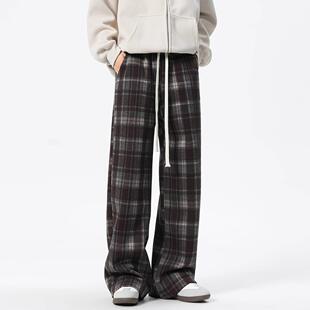 新款美式复古格子裤子男春季宽松阔腿拖地长裤潮牌百搭直筒休闲裤