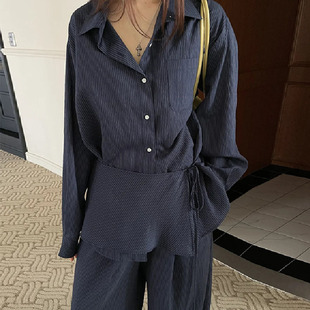 新款 套装 设计感显瘦条纹长袖 屁帘直筒长裤 女 衬衫 韩系2026年春季