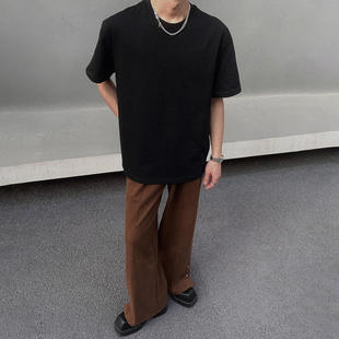 重磅纯黑色垫肩短袖男款夏季小领口内搭打底半袖廓形全棉恤T恤
