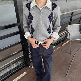 老钱风灰色菱格提花polo领针织衫男冬季miu系慵懒松弛感毛衣外套