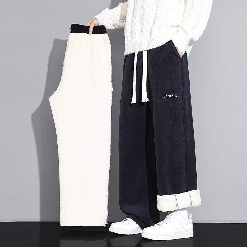 定制加绒加厚裤子男士秋冬季羊羔绒棉裤宽松直筒冬天运动休闲长裤