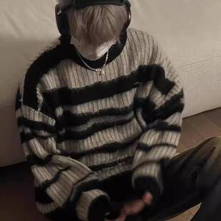 黑白条纹马海毛毛衣男款冬季加厚慵懒风针织衫设计感美式复古外套