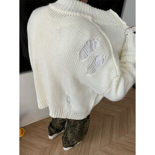 厂家直供软糯慵懒破洞开衫毛衣男款秋冬季针织衫cleanfit拉链外套