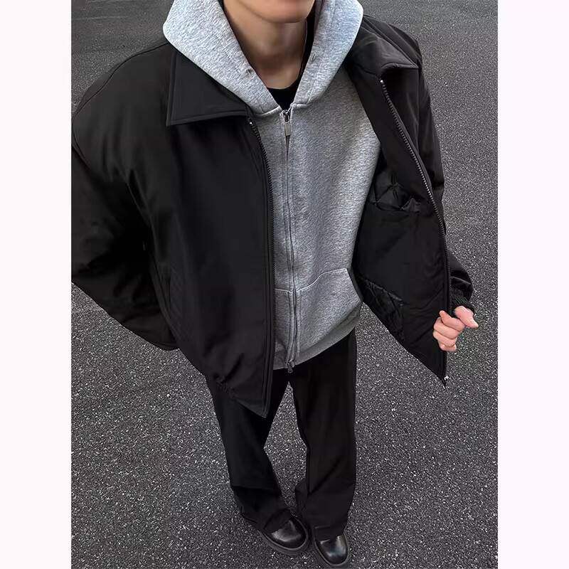 美式复古黑色棉服男款冬季加厚飞行夹克外套翻领夹棉棒球服棉衣